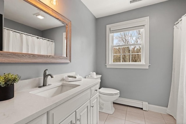 65 Stonegate Dr, East Bridgewater, MA 02333 - bathroom with tile patterned flooring, baseboard heating, baseboards, vanity, and toilet