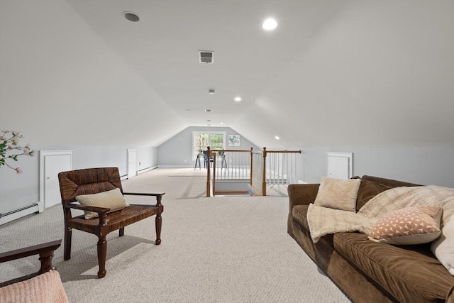 65 Stonegate Dr, East Bridgewater, MA 02333 - interior space with a baseboard radiator, visible vents, vaulted ceiling, and light colored carpet