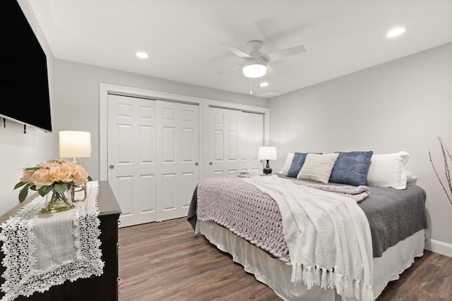 65 Stonegate Dr, East Bridgewater, MA 02333 - bedroom featuring multiple closets, wood finished floors, baseboards, ceiling fan, and recessed lighting