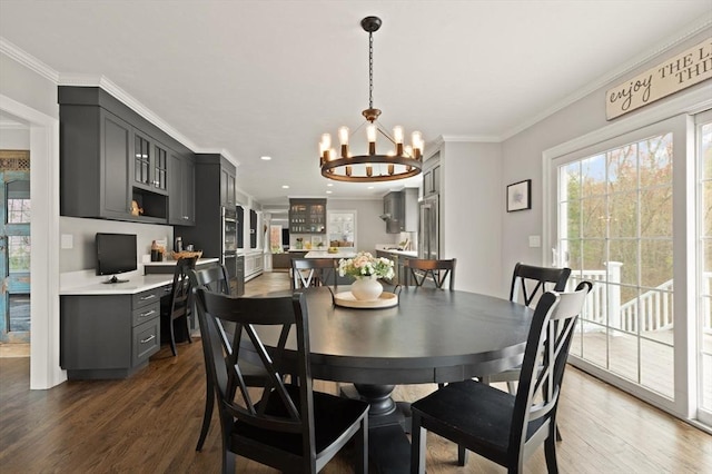 65 Stonegate Dr, East Bridgewater, MA 02333 - dining area with dark wood-type flooring, ornamental molding, a notable chandelier, and recessed lighting