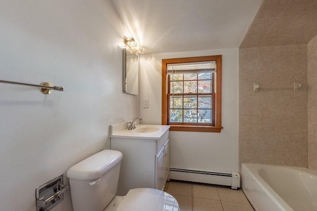 full bathroom featuring tile patterned flooring, toilet, plus walk in shower, a baseboard heating unit, and vanity