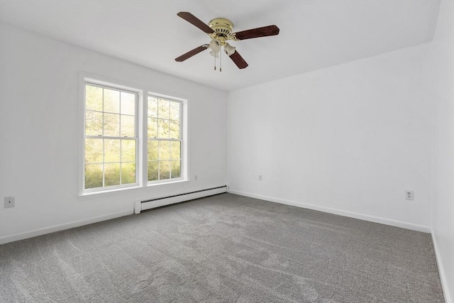 spare room featuring carpet flooring, baseboards, a baseboard radiator, and ceiling fan