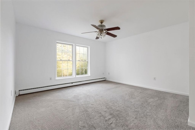 spare room featuring carpet, a ceiling fan, baseboards, and baseboard heating