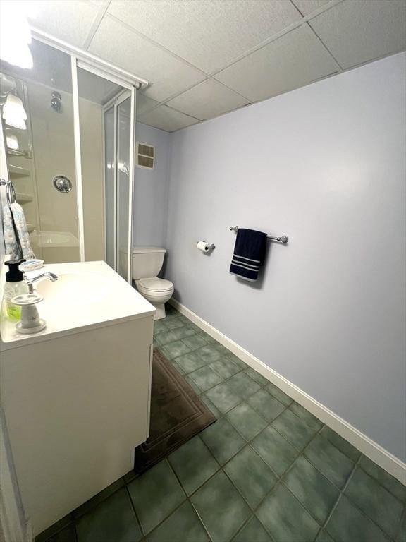 7 Glen Ave, Millbury, MA 01527 - bathroom with a paneled ceiling, visible vents, a stall shower, vanity, and toilet