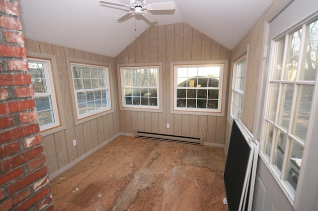 unfurnished sunroom with a baseboard heating unit, lofted ceiling, and a ceiling fan