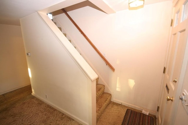 stairway with baseboards and carpet floors