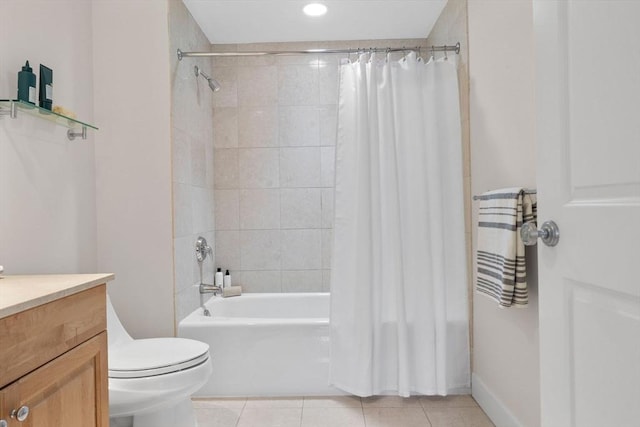 full bathroom featuring shower / tub combo with curtain, vanity, toilet, and tile patterned flooring