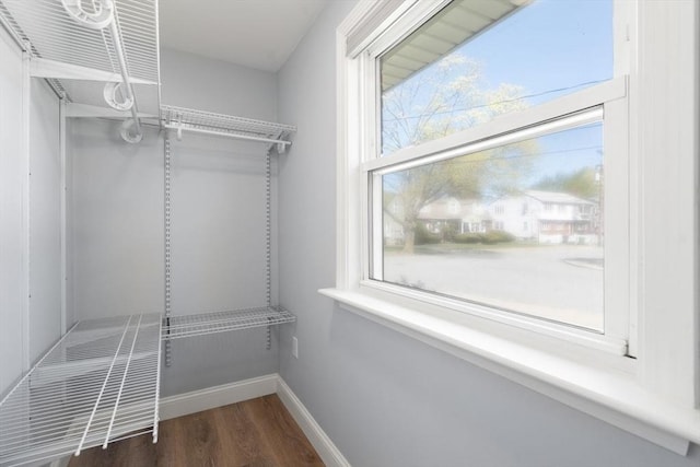 walk in closet with wood finished floors
