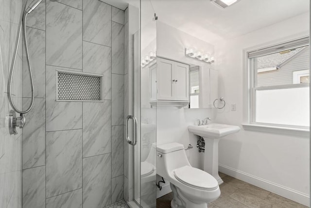 full bathroom with toilet, baseboards, visible vents, and a shower stall