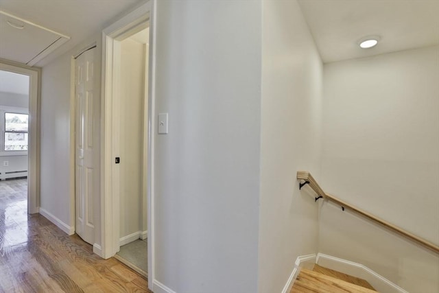 hall featuring light hardwood / wood-style flooring and baseboard heating