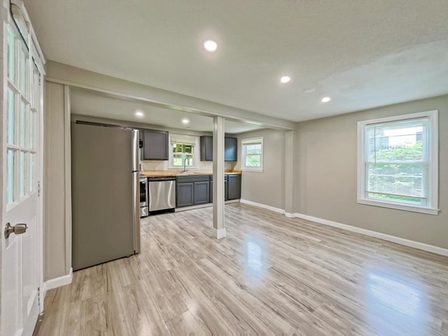 48-50 S Westfield St, Agawam, MA 01030 - kitchen featuring stainless steel appliances, light wood finished floors, baseboards, recessed lighting, and gray cabinets