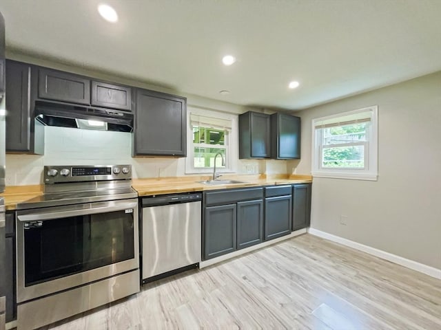48-50 S Westfield St, Agawam, MA 01030 - kitchen with appliances with stainless steel finishes, under cabinet range hood, a sink, wood counters, and light wood-type flooring
