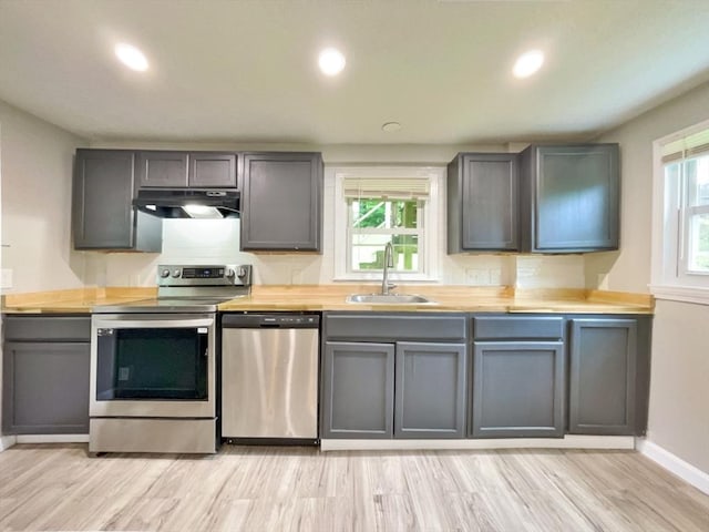 48-50 S Westfield St, Agawam, MA 01030 - kitchen with appliances with stainless steel finishes, a sink, wood counters, under cabinet range hood, and gray cabinetry