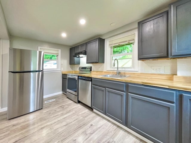 48-50 S Westfield St, Agawam, MA 01030 - kitchen featuring appliances with stainless steel finishes, butcher block countertops, a sink, under cabinet range hood, and baseboards