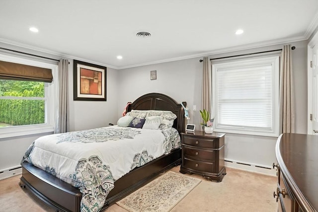644 Stony Hill Rd, Wilbraham, MA 01095 - bedroom featuring ornamental molding, light carpet, a baseboard heating unit, and recessed lighting