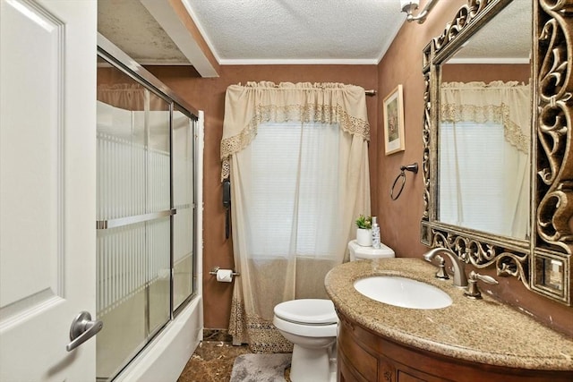 644 Stony Hill Rd, Wilbraham, MA 01095 - bathroom featuring vanity, a textured ceiling, enclosed tub / shower combo, and ornamental molding