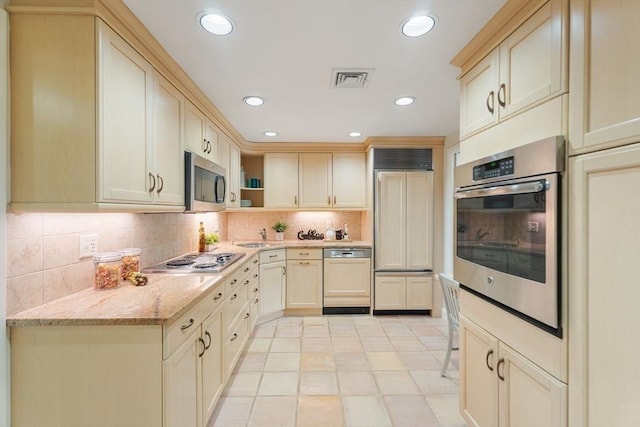 kitchen with tasteful backsplash, open shelves, paneled appliances, and recessed lighting