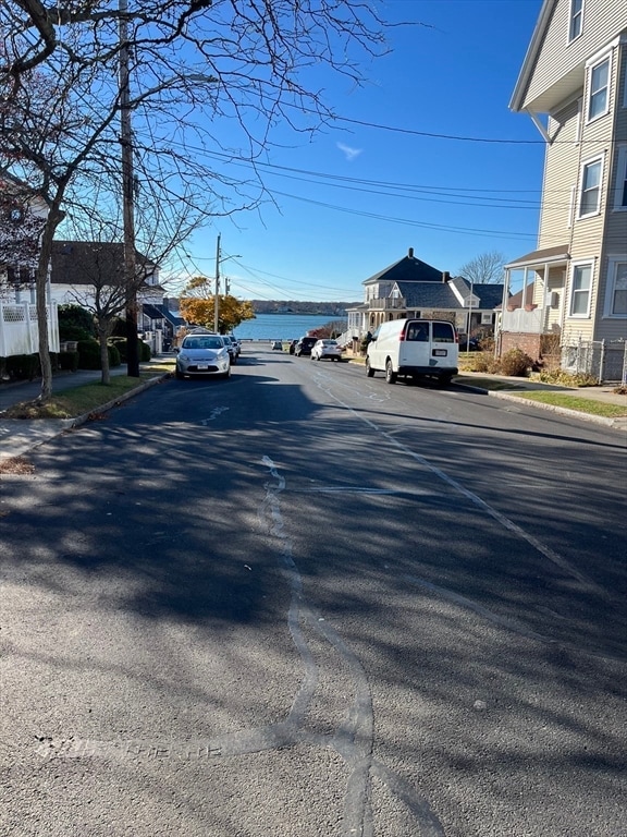 view of street with a water view