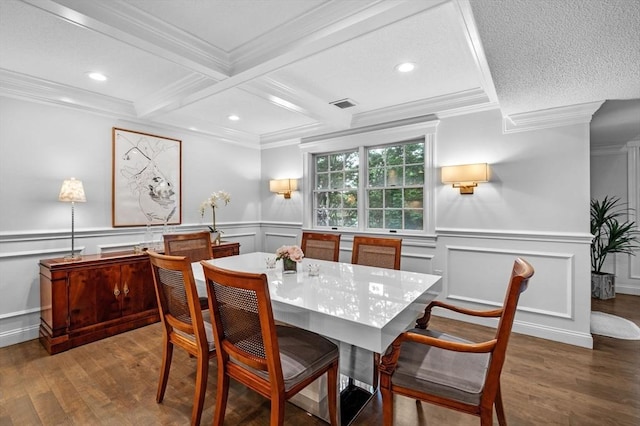 71 Weatherly Unit 71, Salem, MA 01970 - dining space featuring a decorative wall, ornamental molding, beamed ceiling, wood finished floors, and coffered ceiling