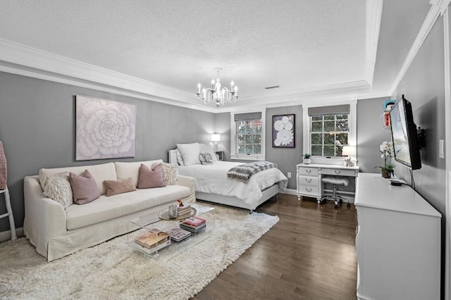 71 Weatherly Unit 71, Salem, MA 01970 - bedroom featuring crown molding, a chandelier, a textured ceiling, a desk, and dark wood-style floors