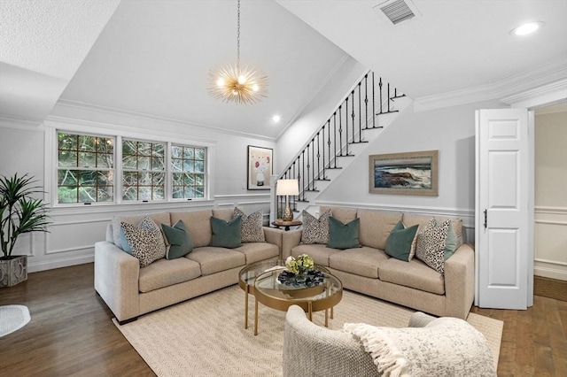 71 Weatherly Unit 71, Salem, MA 01970 - living area featuring ornamental molding, stairway, wood finished floors, a decorative wall, and wainscoting