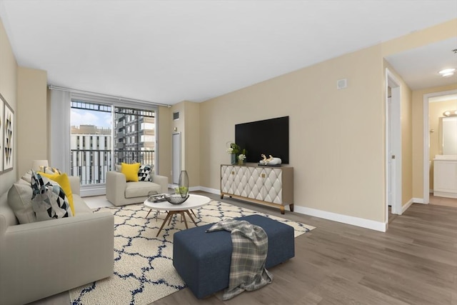 living room featuring floor to ceiling windows and hardwood / wood-style floors