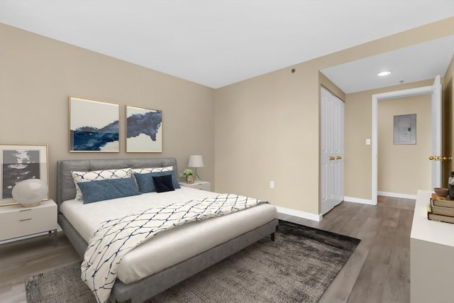 bedroom with hardwood / wood-style floors, electric panel, and a closet