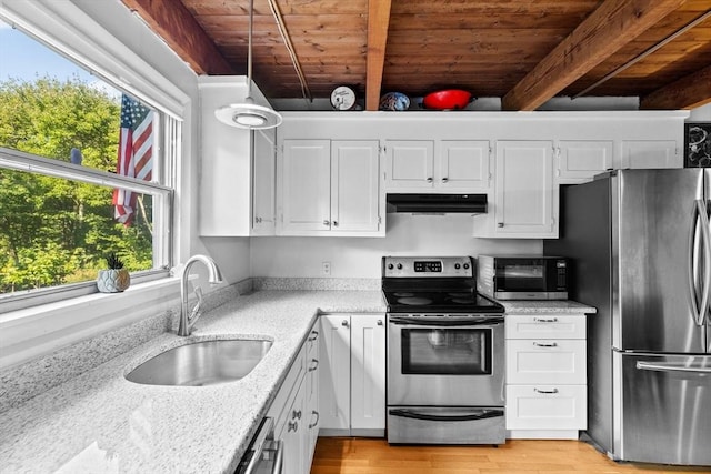 kitchen featuring beamed ceiling, white cabinetry, sink, and appliances with stainless steel finishes