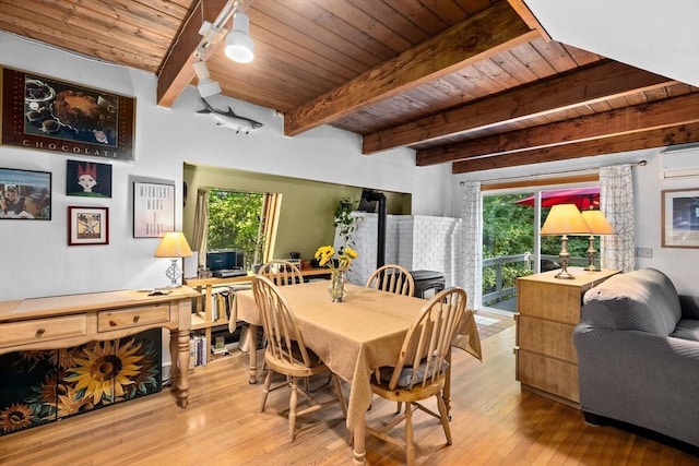 dining room featuring beamed ceiling, light hardwood / wood-style flooring, and wooden ceiling