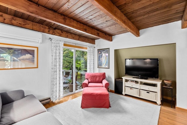 living room with beam ceiling, light hardwood / wood-style flooring, a wall unit AC, and wooden ceiling