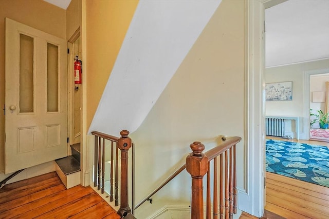 stairway featuring radiator heating unit and wood finished floors