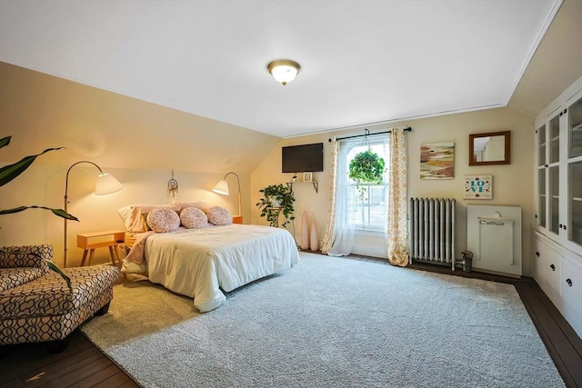 bedroom with hardwood / wood-style floors, lofted ceiling, and radiator