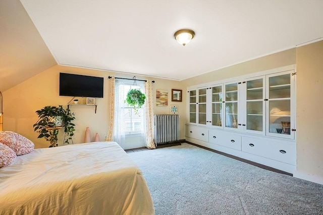 bedroom with radiator, lofted ceiling, and carpet