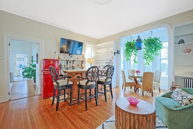 dining room featuring light wood finished floors, radiator, and a wealth of natural light