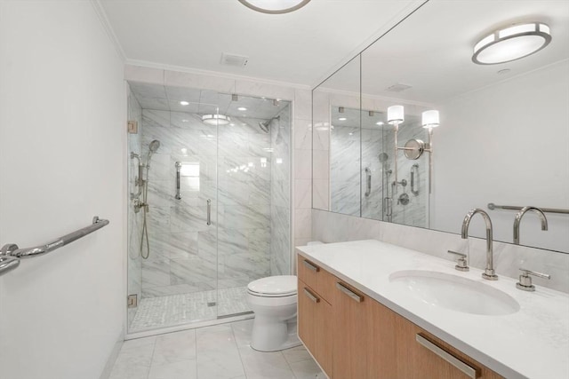 2 Commonwealth Ave Unit 15D, Boston, MA 02116 - bathroom with crown molding, marble look tiles, toilet, vanity, and a marble finish shower