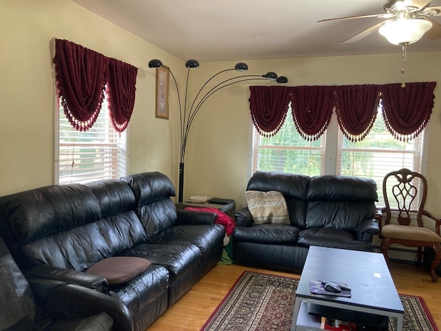 living room with hardwood / wood-style flooring and ceiling fan