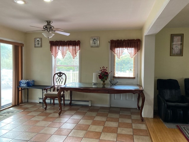 dining room with ceiling fan and a baseboard radiator