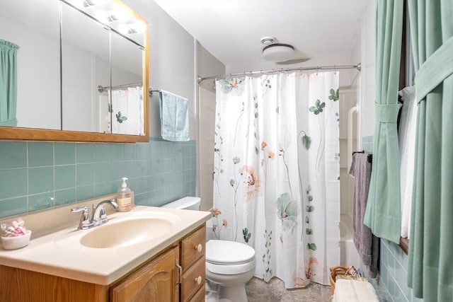 46 Pleasant St, Southbridge, MA 01550 - full bathroom with toilet, vanity, decorative backsplash, shower / tub combo with curtain, and tile walls
