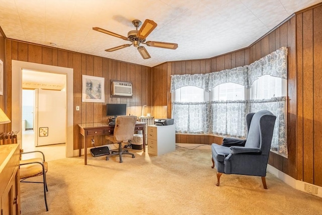 46 Pleasant St, Southbridge, MA 01550 - carpeted home office with wood walls, ceiling fan, and a wall unit AC