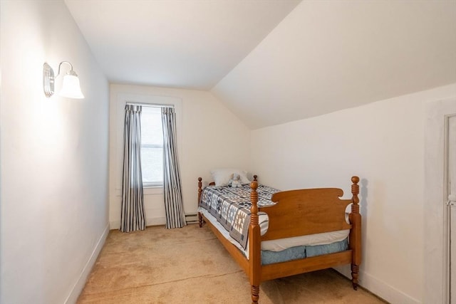 46 Pleasant St, Southbridge, MA 01550 - bedroom with light colored carpet, vaulted ceiling, baseboards, and a baseboard radiator