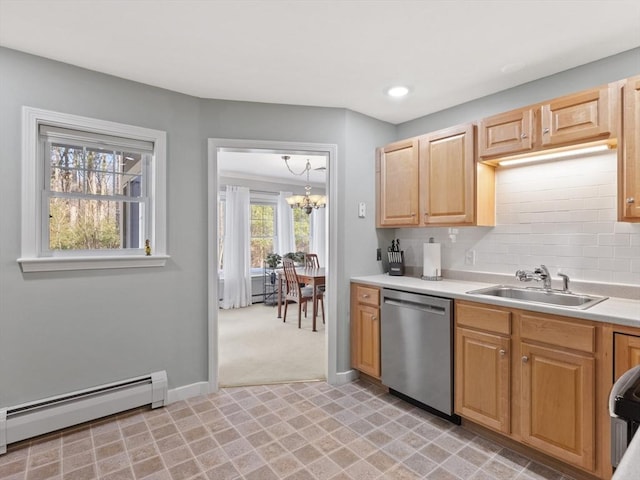 kitchen featuring decorative light fixtures, dishwasher, sink, backsplash, and baseboard heating