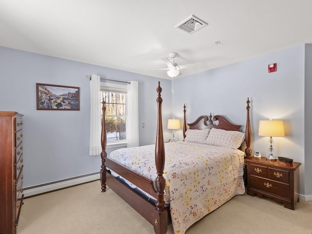 bedroom featuring light carpet, ceiling fan, and baseboard heating