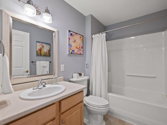 full bathroom featuring vanity, shower / tub combo, tile patterned floors, and toilet