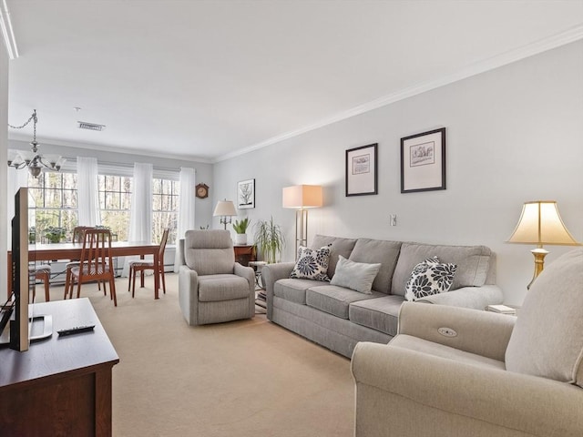 living room featuring crown molding, light carpet, and an inviting chandelier