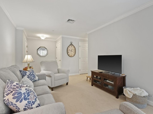 living room featuring ornamental molding and light colored carpet