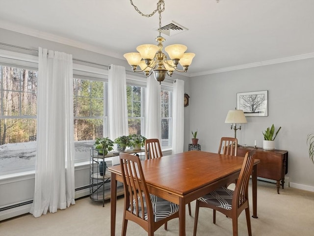 carpeted dining space featuring a baseboard radiator, ornamental molding, and a notable chandelier