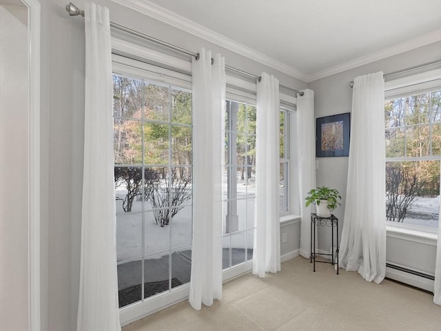 doorway to outside featuring a baseboard heating unit, ornamental molding, and carpet flooring