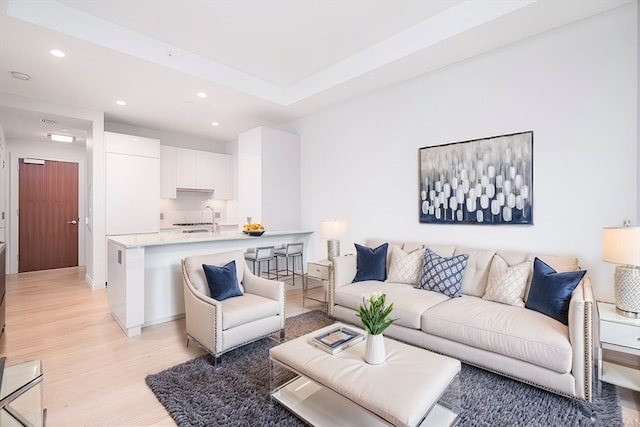 living room featuring sink and light hardwood / wood-style flooring