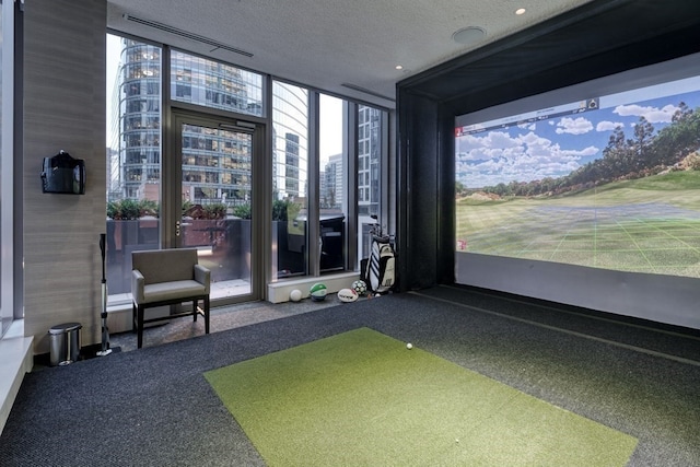 recreation room with a textured ceiling, carpet flooring, and golf simulator