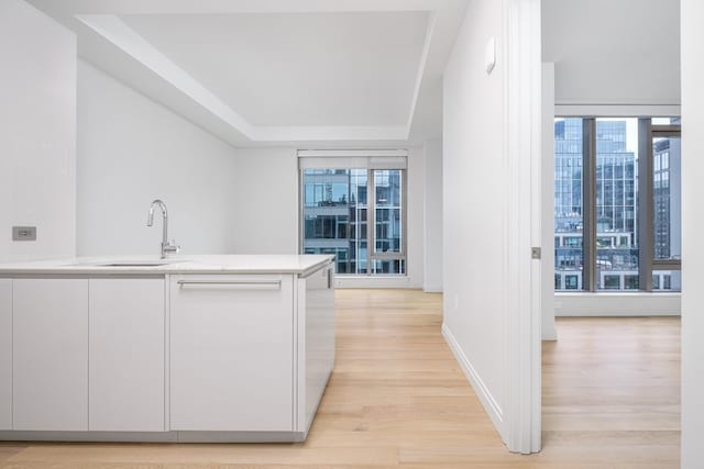 kitchen featuring white cabinets, sink, light hardwood / wood-style floors, and kitchen peninsula